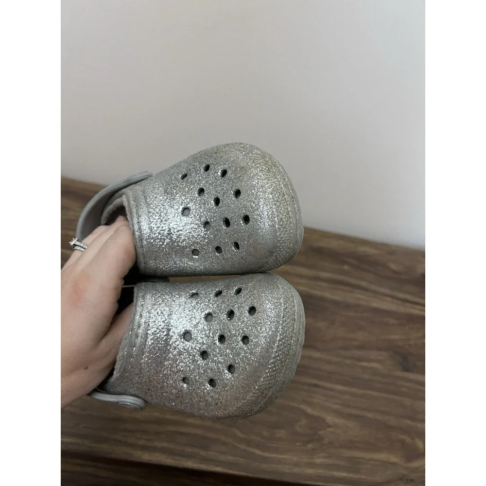 Crocs Classic Glitter Silver Sparkle Fuzzy Lined Clog‎ Unisex Juvenile Size 9